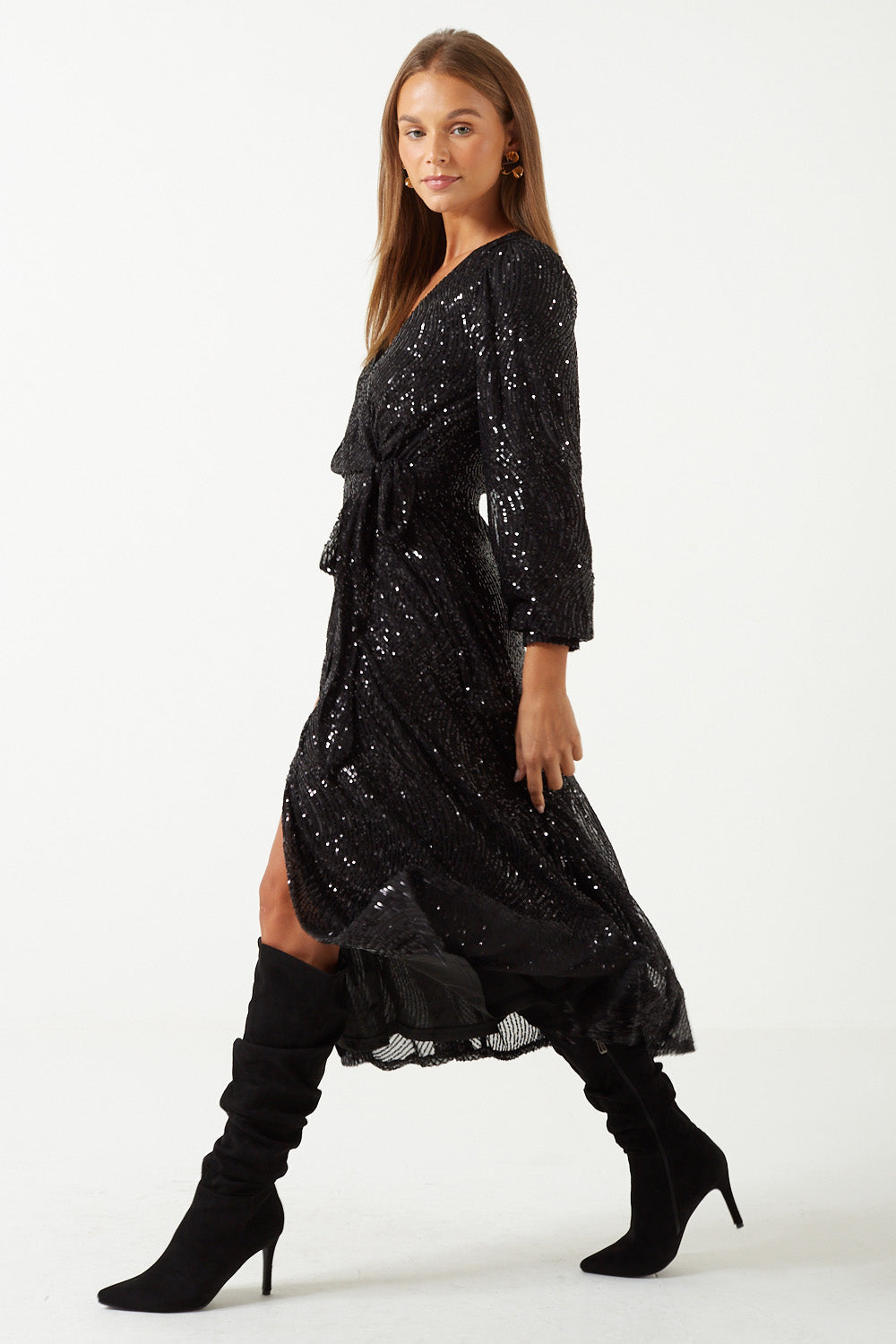 Natalie Wrap Sequin Midi Dress in Black