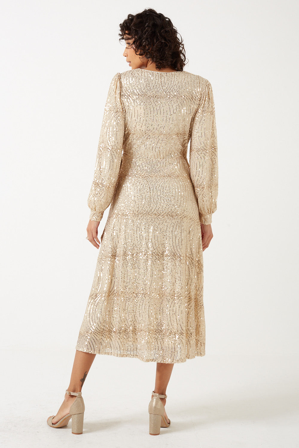 Natalie Wrap Sequin Midi Dress in Champagne