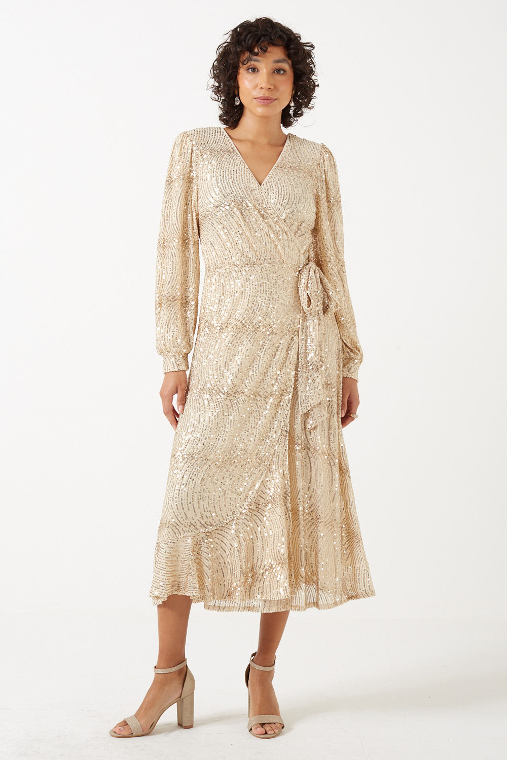 Natalie Wrap Sequin Midi Dress in Champagne