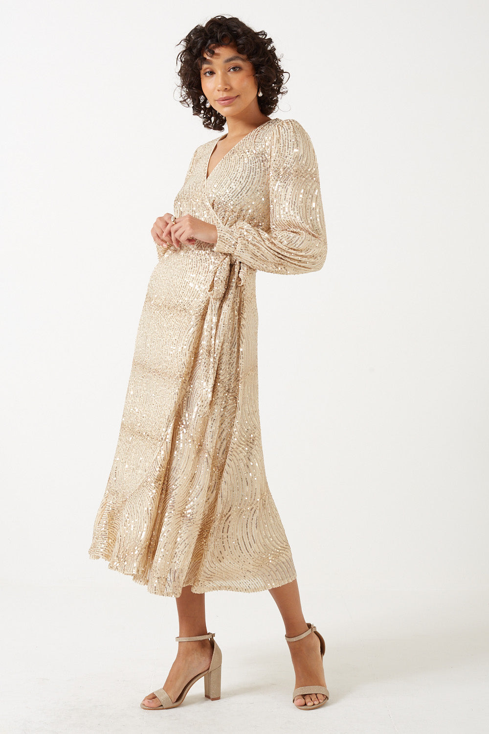 Natalie Wrap Sequin Midi Dress in Champagne