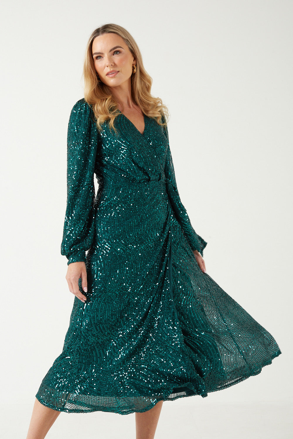 Natalie Wrap Sequin Midi Dress in Dark Green