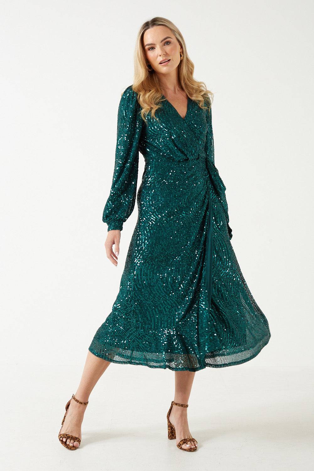 Natalie Wrap Sequin Midi Dress in Dark Green
