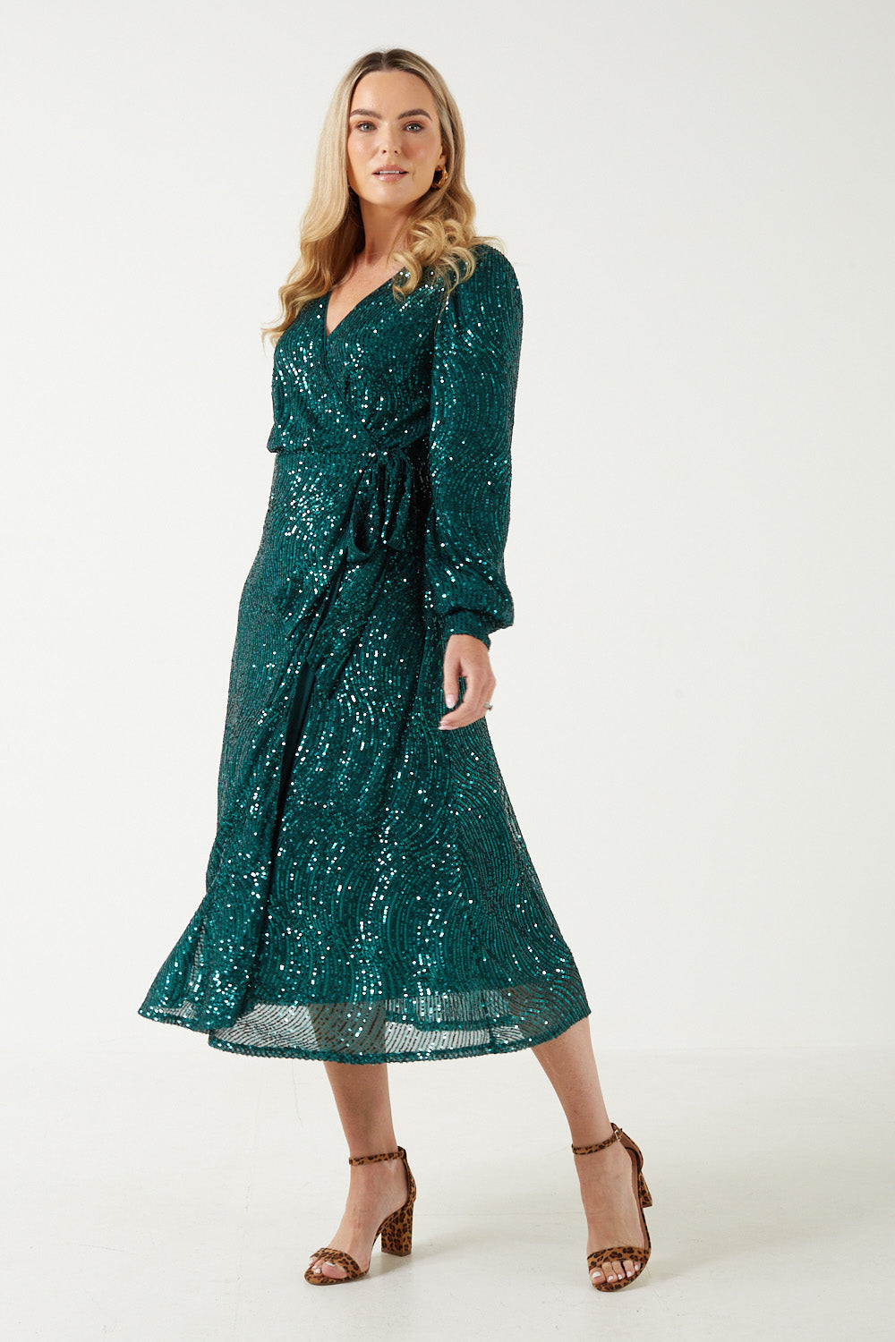 Natalie Wrap Sequin Midi Dress in Dark Green