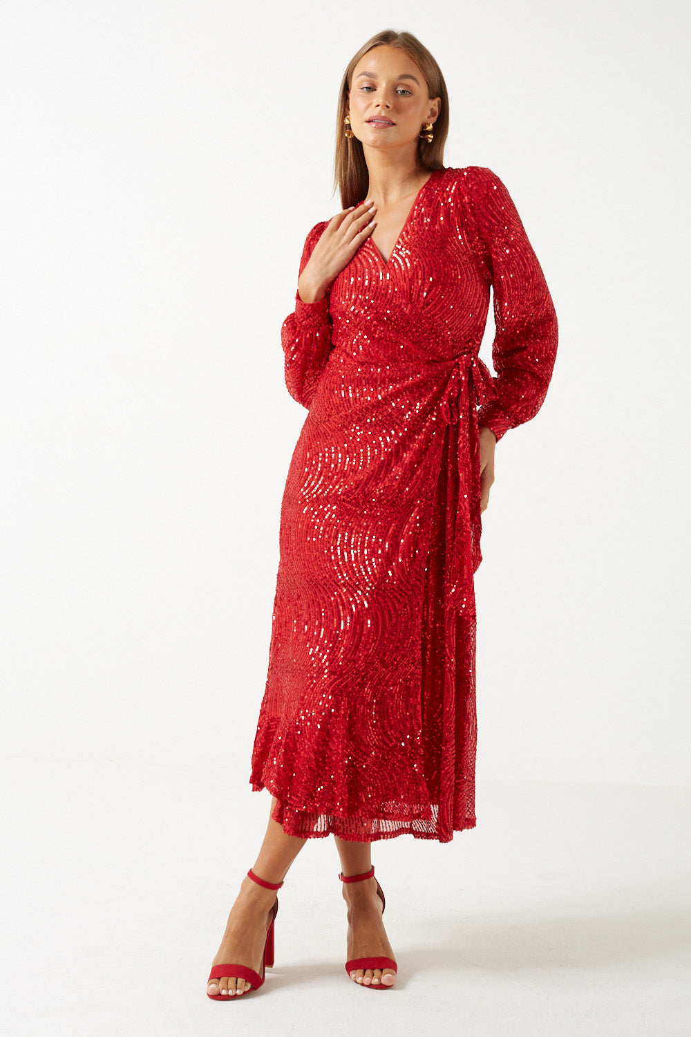Natalie Wrap Sequin Midi Dress in Dark Red