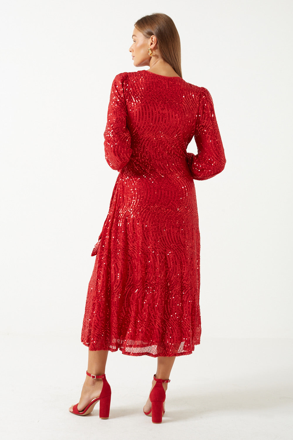 Natalie Wrap Sequin Midi Dress in Dark Red