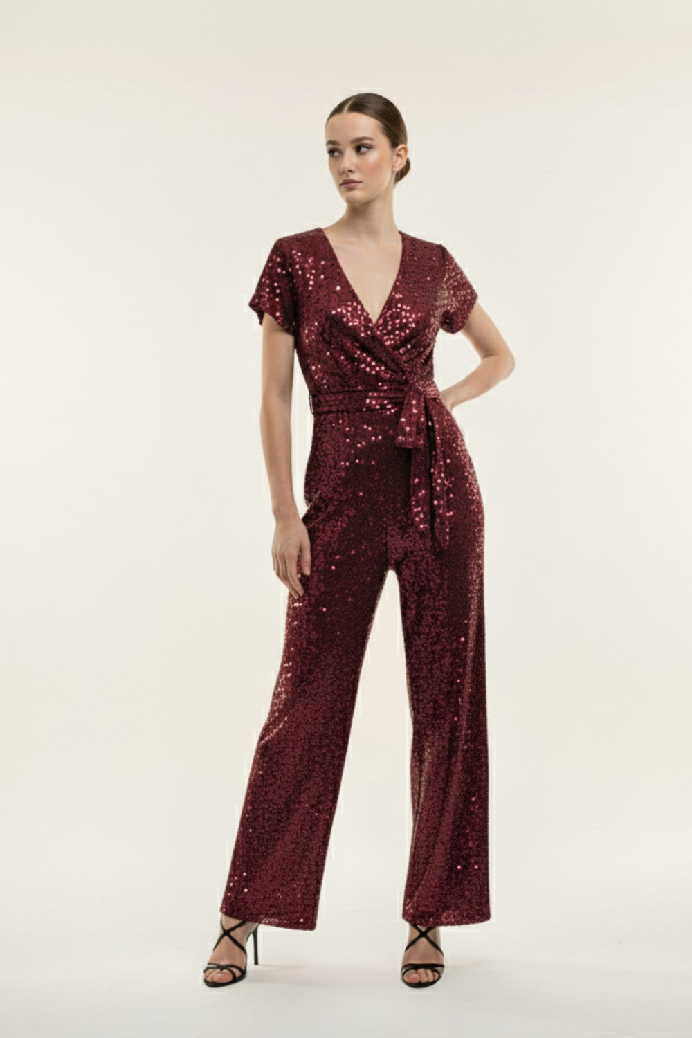 Maya Sequin Jumpsuit in Burgundy