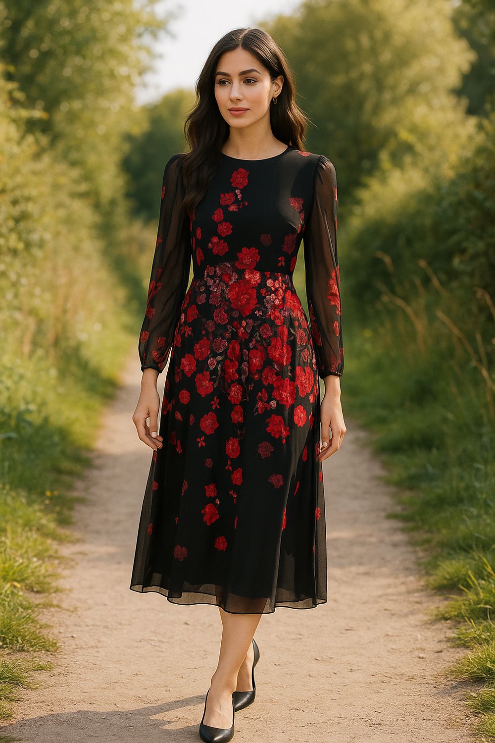 Moira Floral Long Sleeve Midi Dress in Red