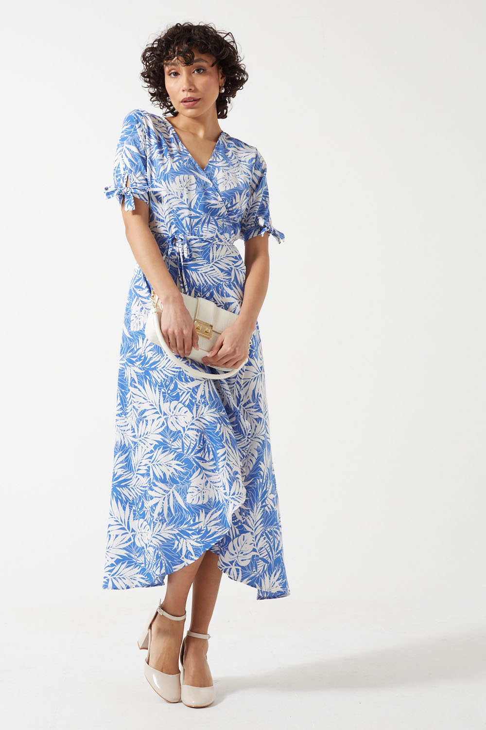 Tropical Print Wrap Dress in Blue