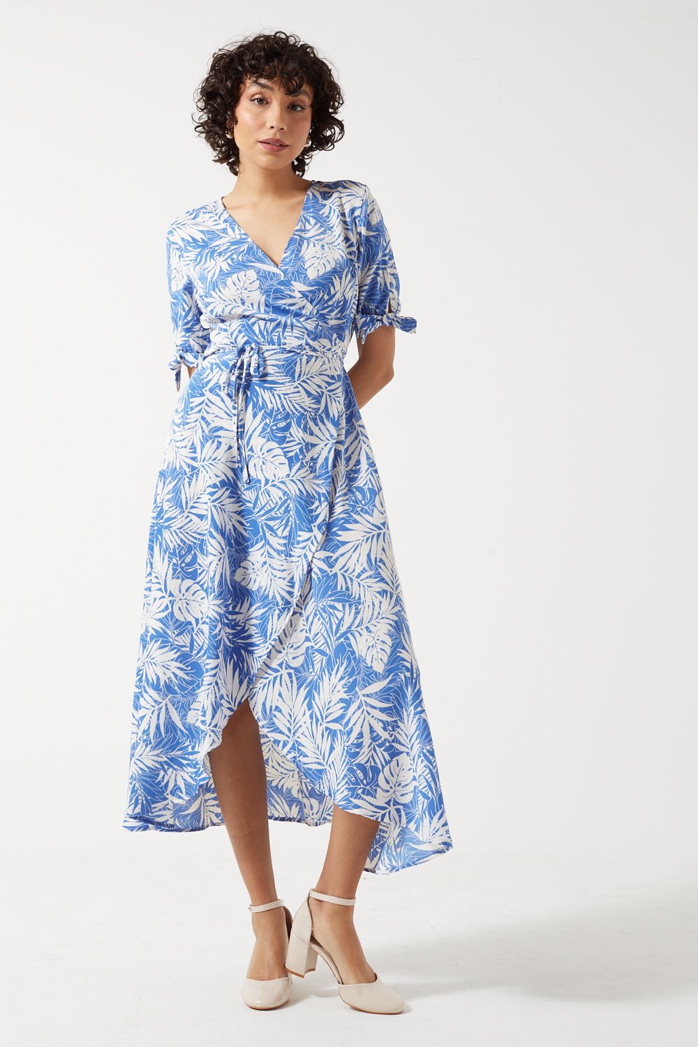 Tropical Print Wrap Dress in Blue