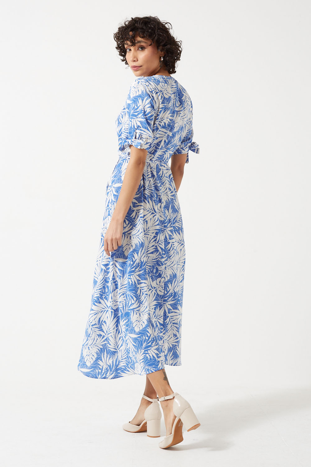 Tropical Print Wrap Dress in Blue