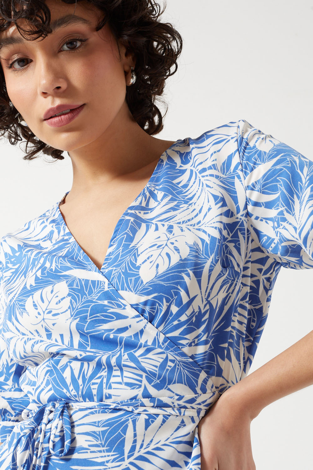 Tropical Print Wrap Dress in Blue