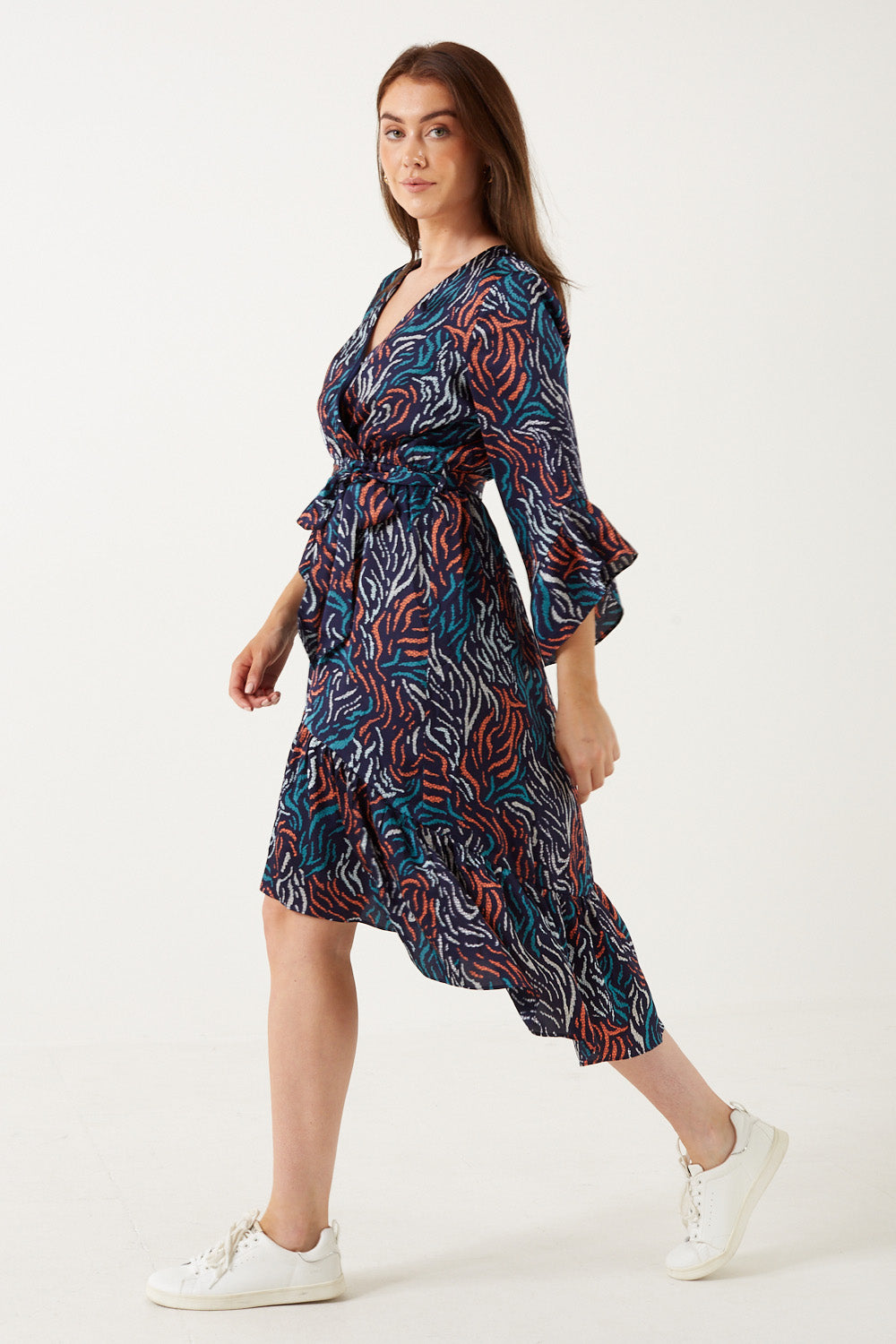 Sophie Dropped Hem Printed Dress in Navy