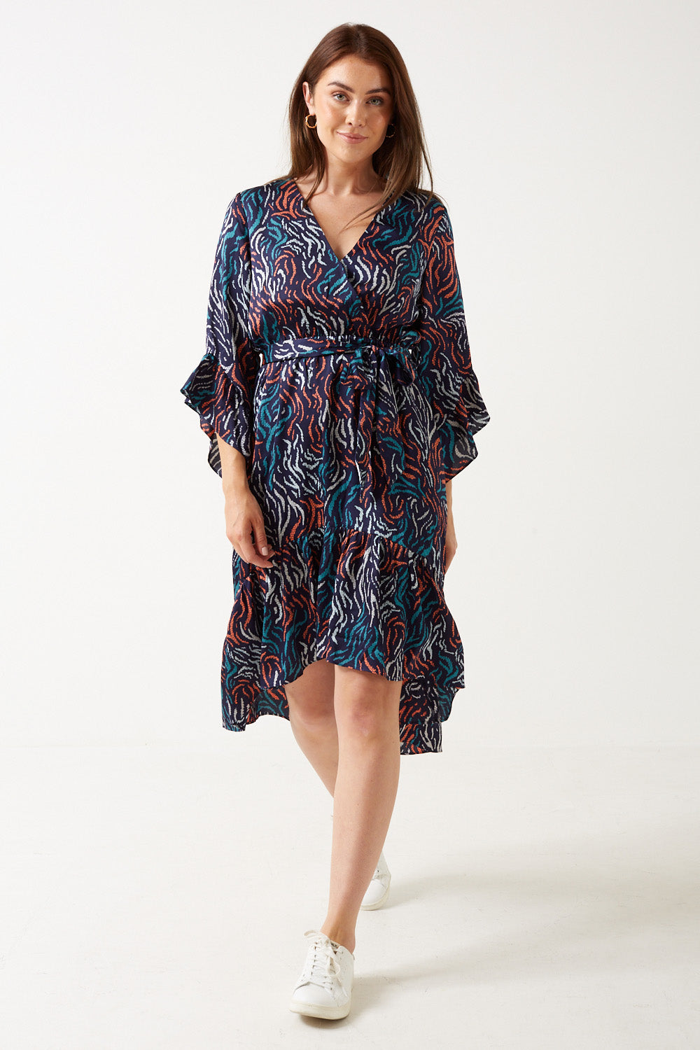 Sophie Dropped Hem Printed Dress in Navy