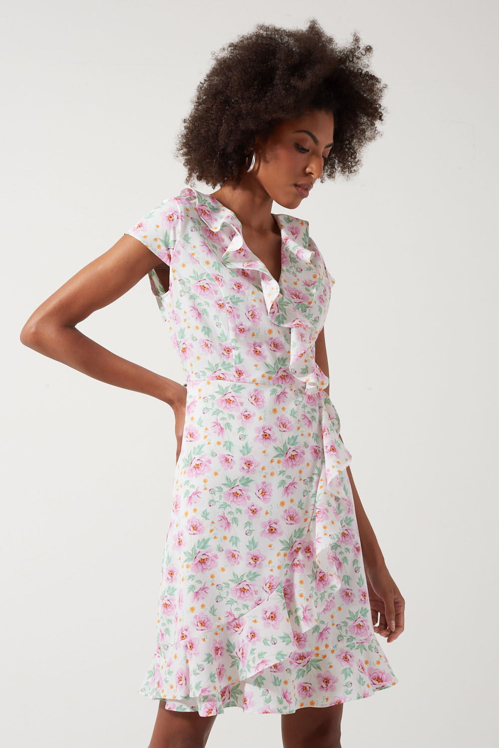 Milena Floral Printed Ruffles Detailing Short Dress in Pink