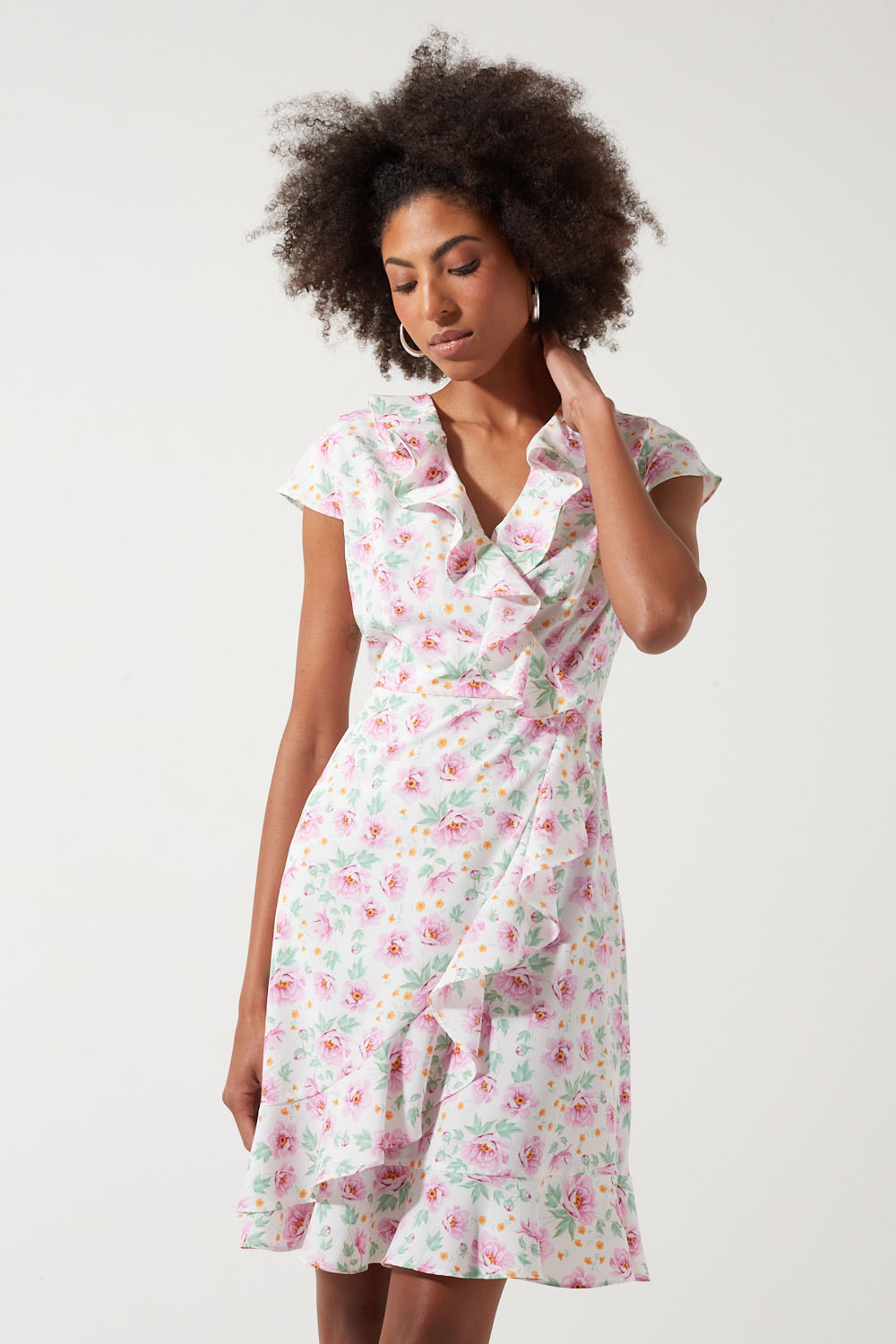 Milena Floral Printed Ruffles Detailing Short Dress in Pink