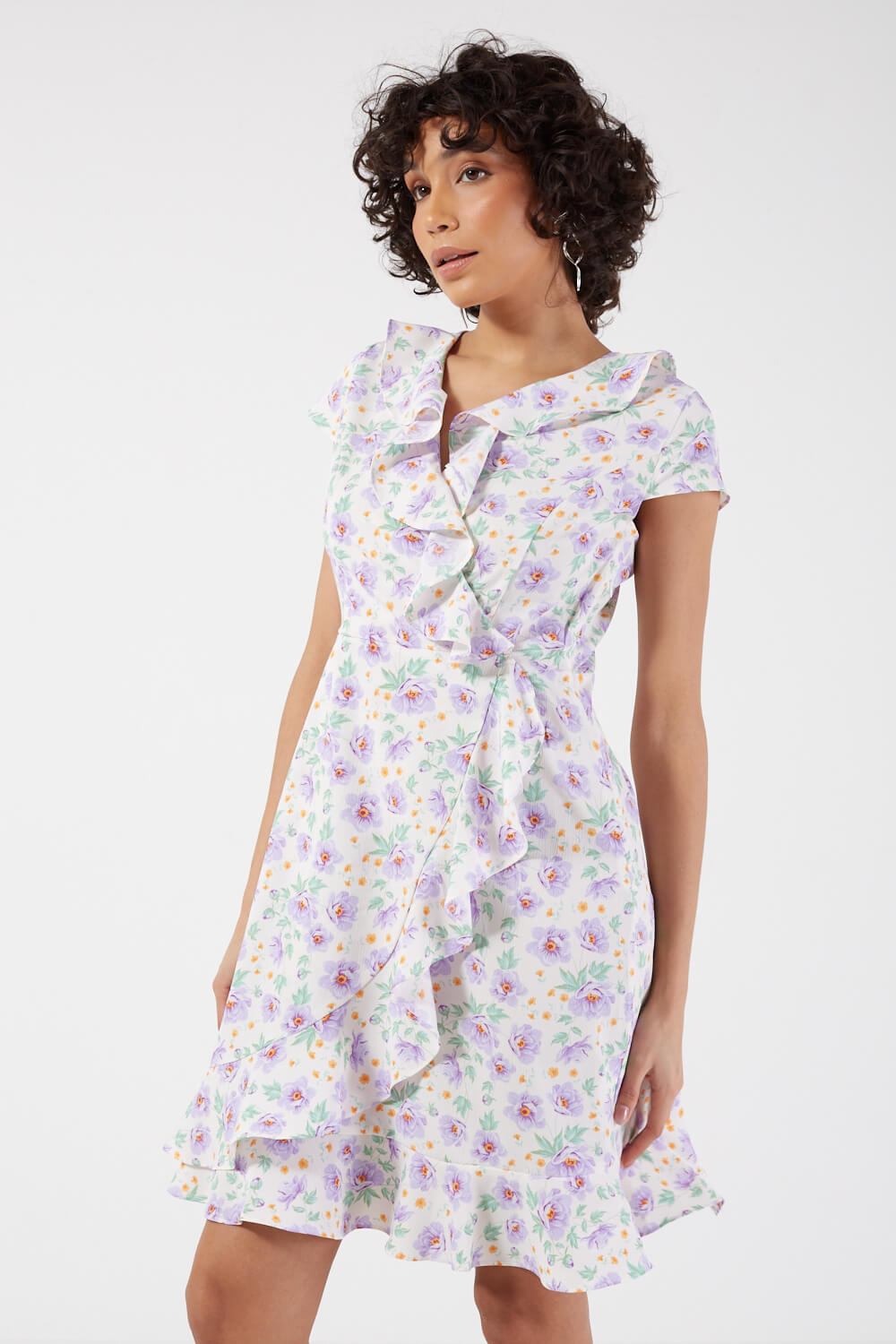 Milena Floral Printed Ruffles Detailing Short Dress in Purple