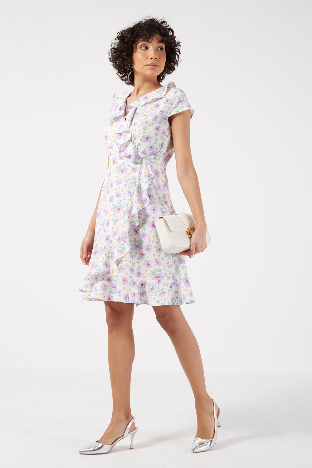 Milena Floral Printed Ruffles Detailing Short Dress in Purple