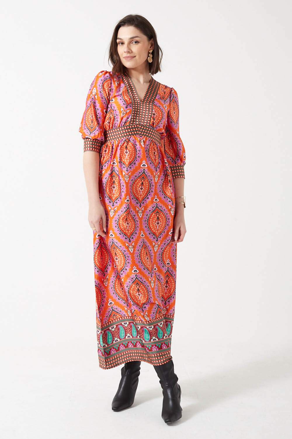 Bethany V-Neck Paisley Printed Maxi Dress in Orange