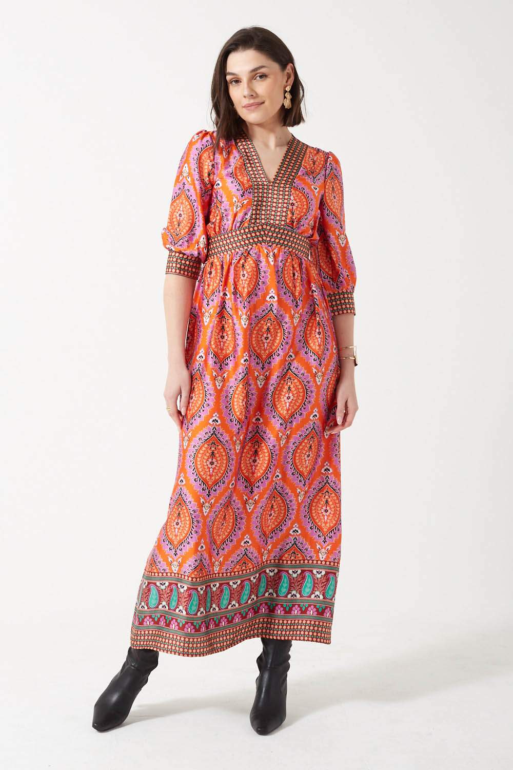 Bethany V-Neck Paisley Printed Maxi Dress in Orange