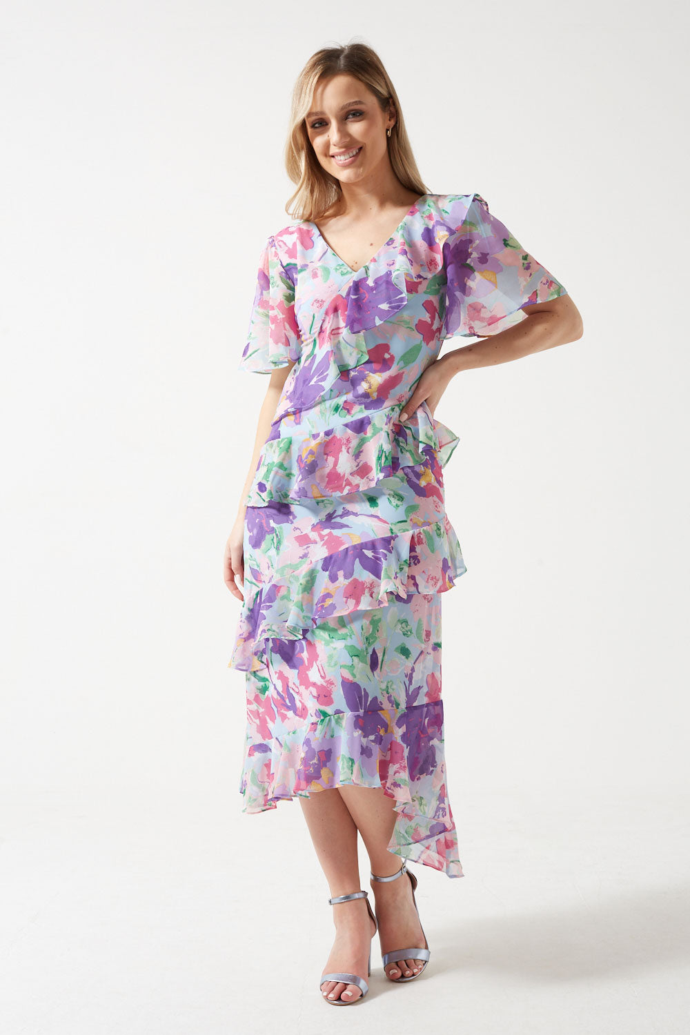 Brianna Watercolor Style Floral Midi Dress in Blue