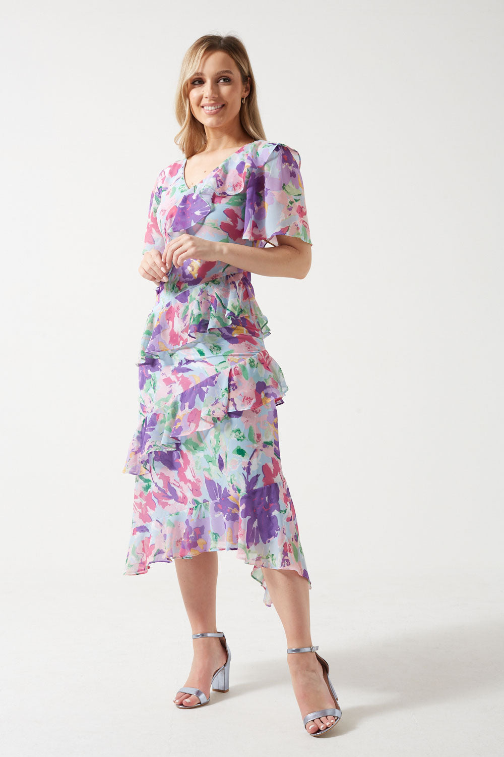 Brianna Watercolor Style Floral Midi Dress in Blue