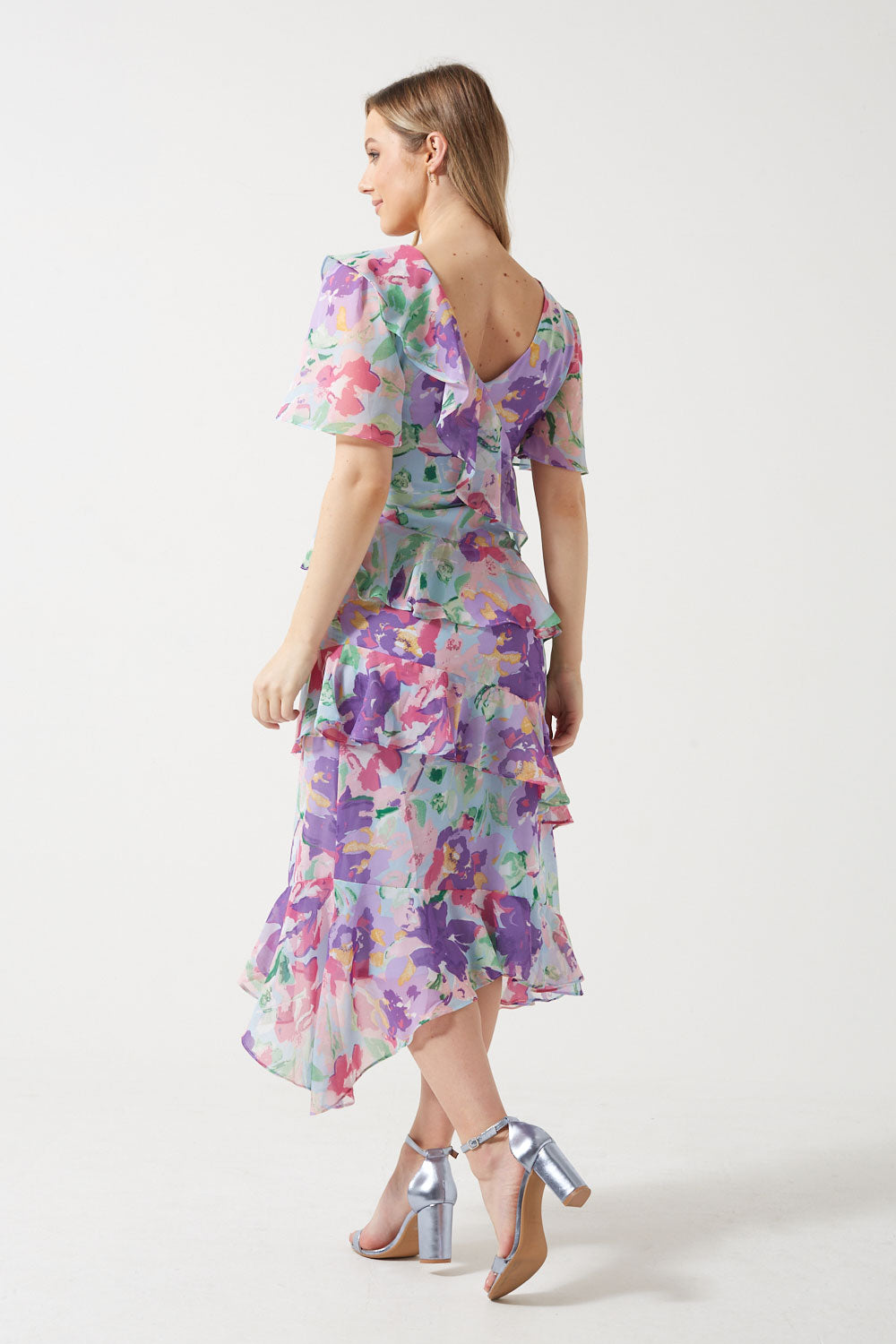 Brianna Watercolor Style Floral Midi Dress in Blue