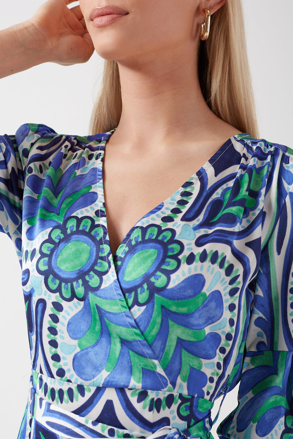 Nicola Printed V-Neck Midi Dress in Blue