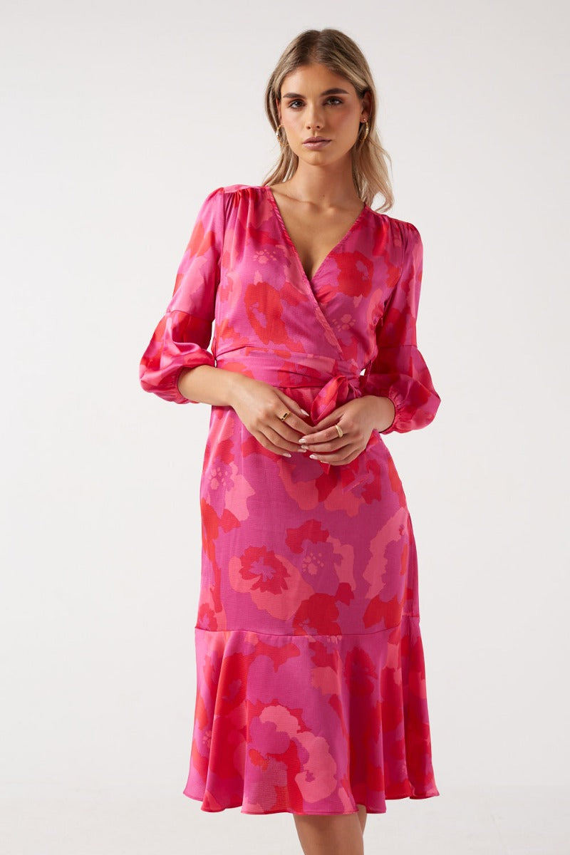 Nicola Printed V-Neck Midi Dress in Pink