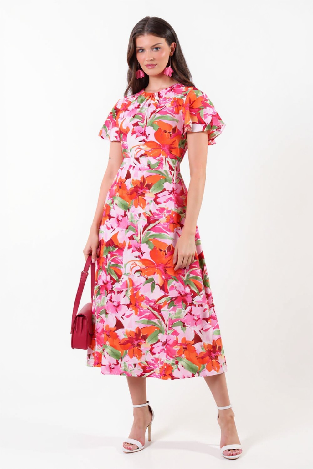 Sia Angel Sleeve Floral Print Dress in Red