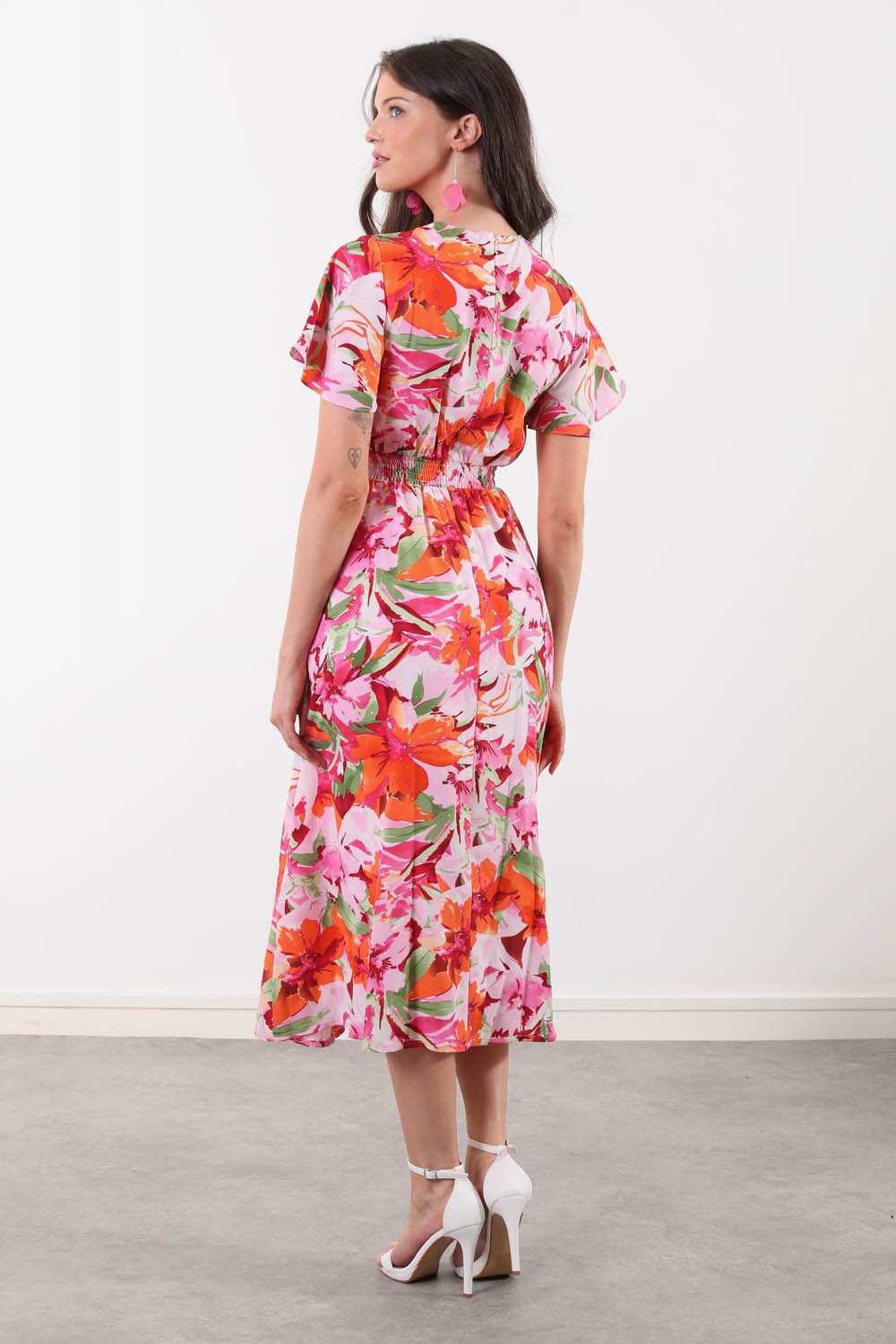 Sia Angel Sleeve Floral Print Dress in Red