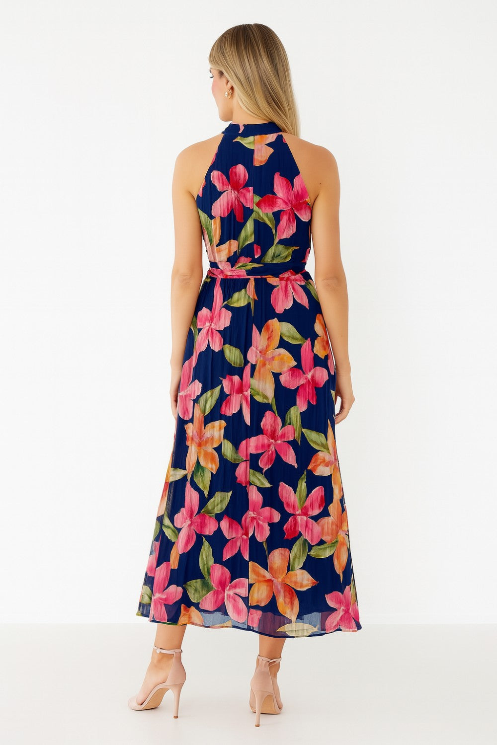 Victoria Pleated Halter Neck Maxi Dress in Navy
