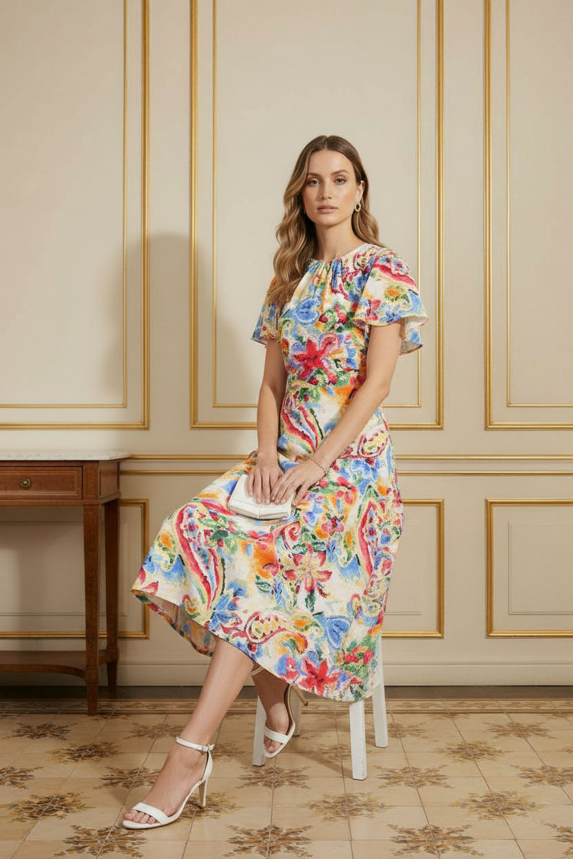 Sia Short Sleeve Print Midi Dress in Blue