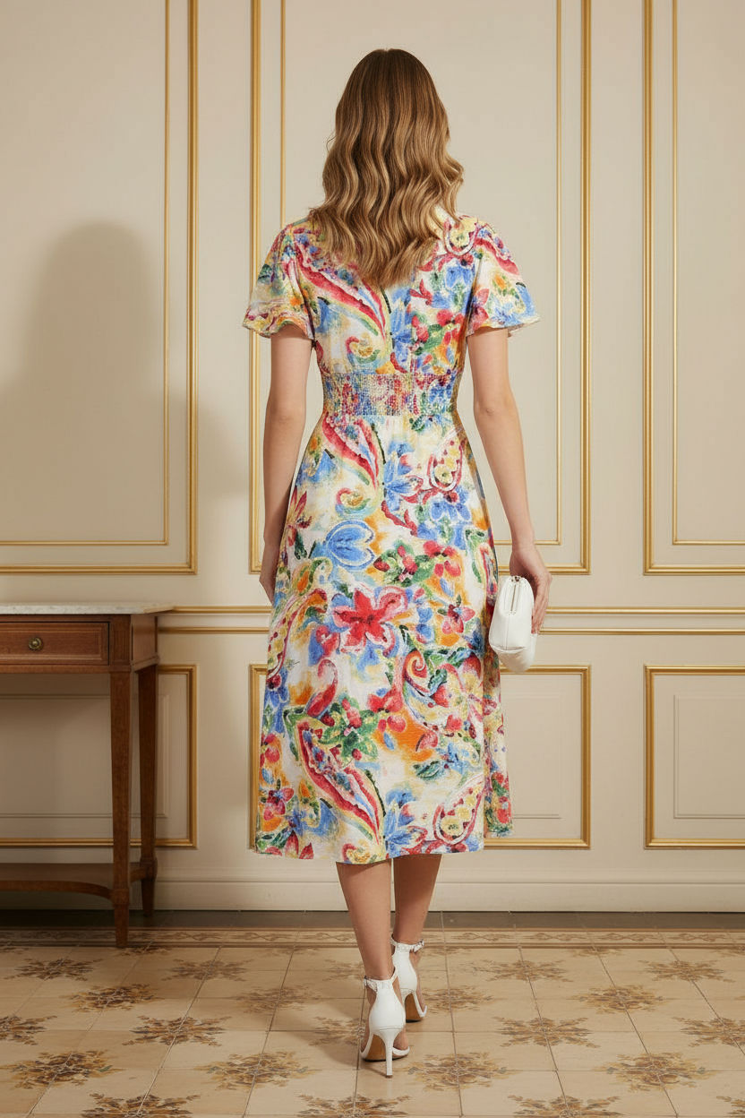 Sia Short Sleeve Print Midi Dress in Blue