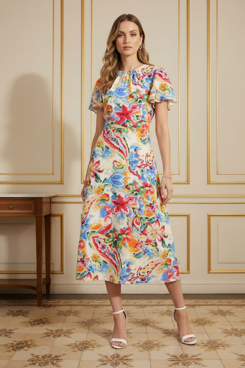 Sia Short Sleeve Print Midi Dress in Blue