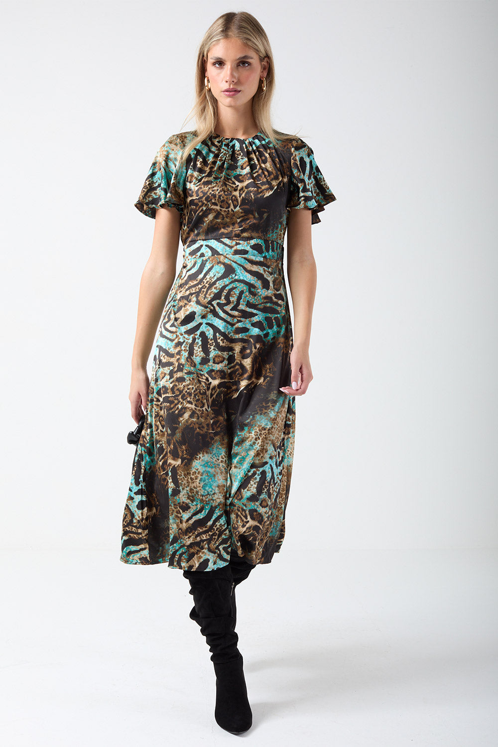 Corina Animal Print Midi Dress in Blue