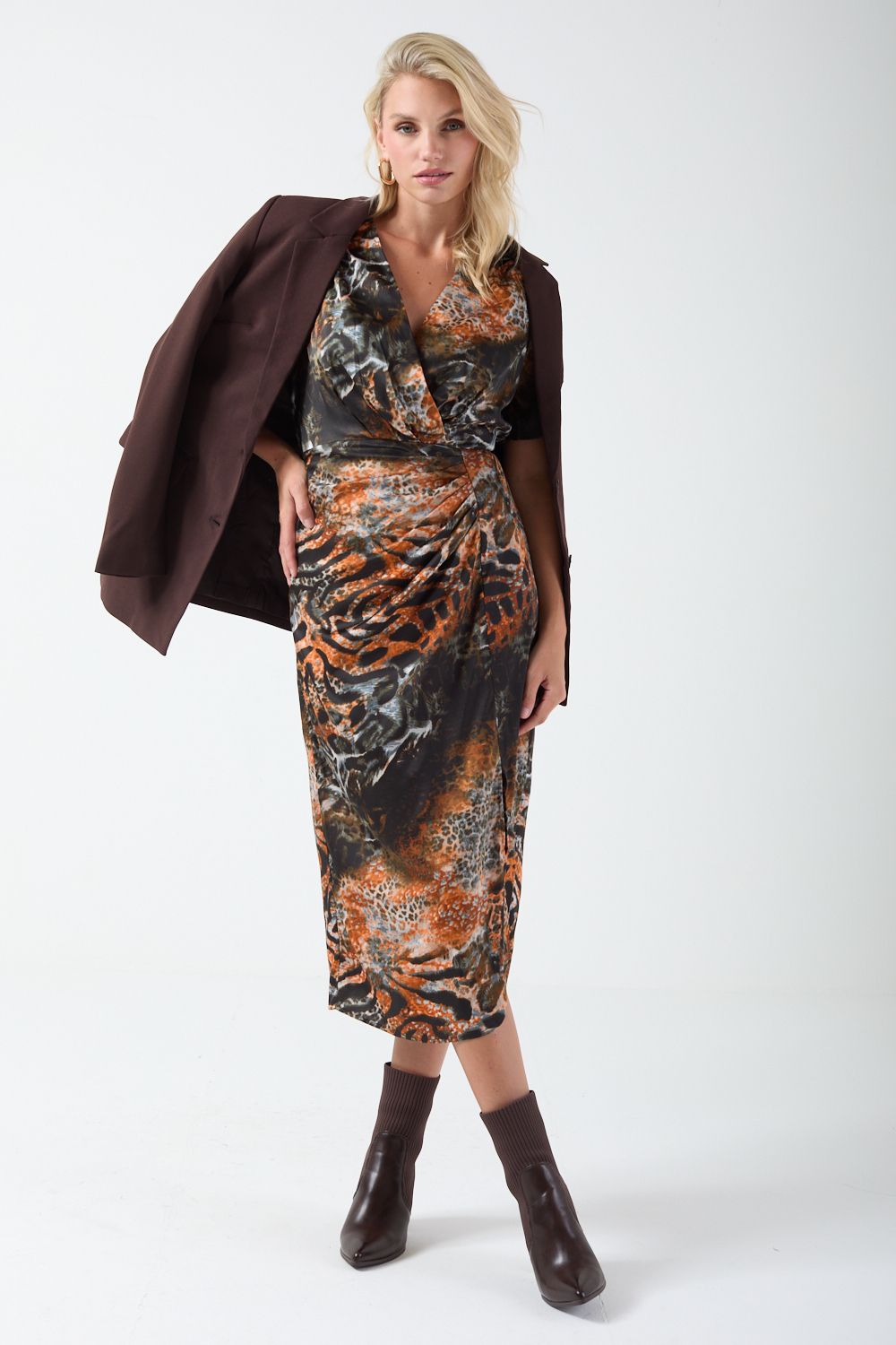 Cleo Animal Print Midi Dress in Brown