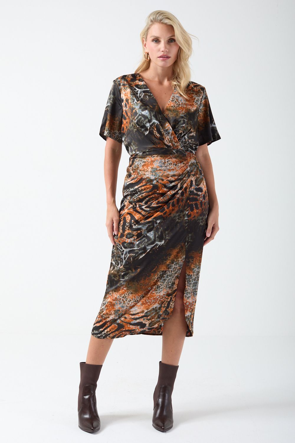 Cleo Animal Print Midi Dress in Brown