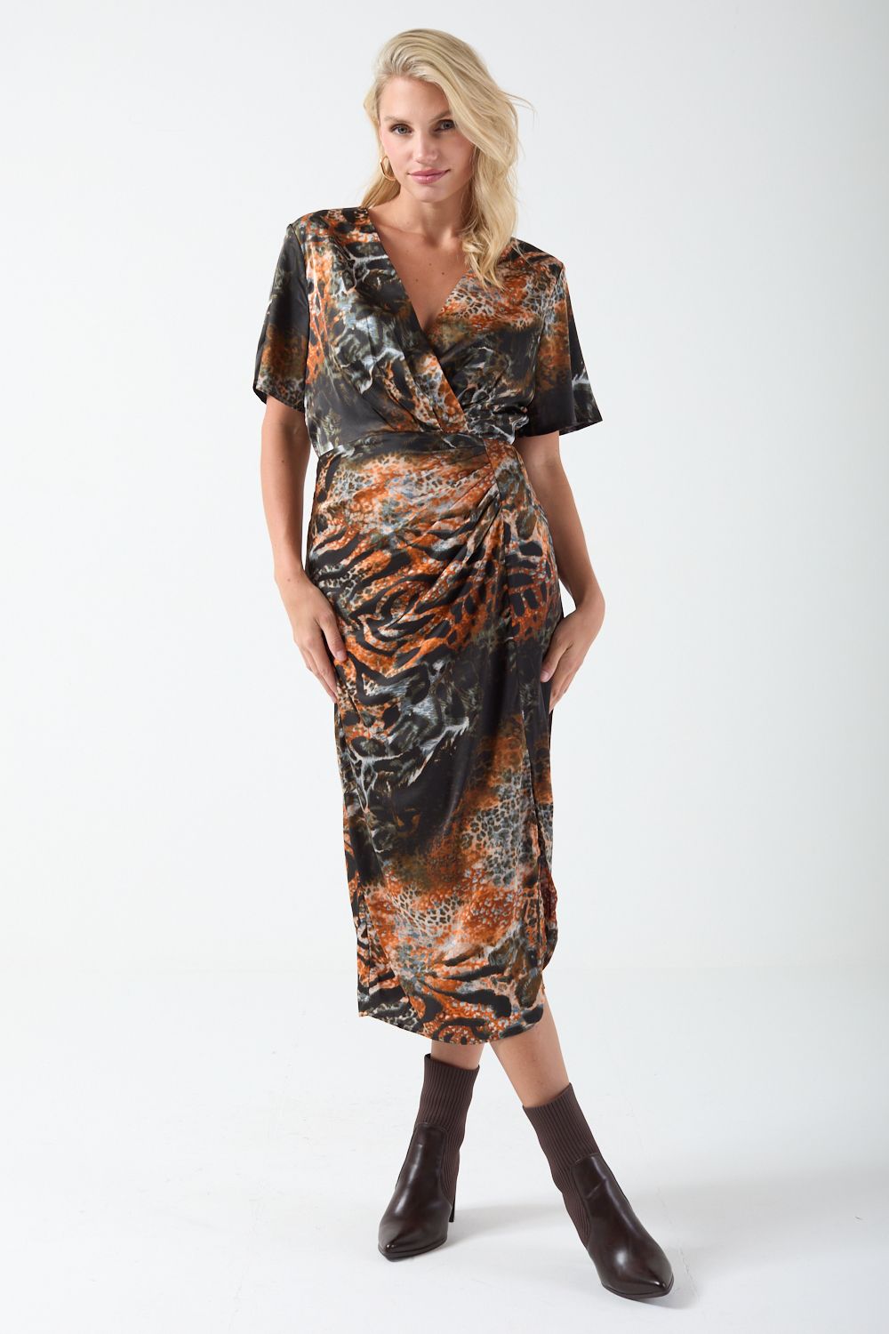Cleo Animal Print Midi Dress in Brown