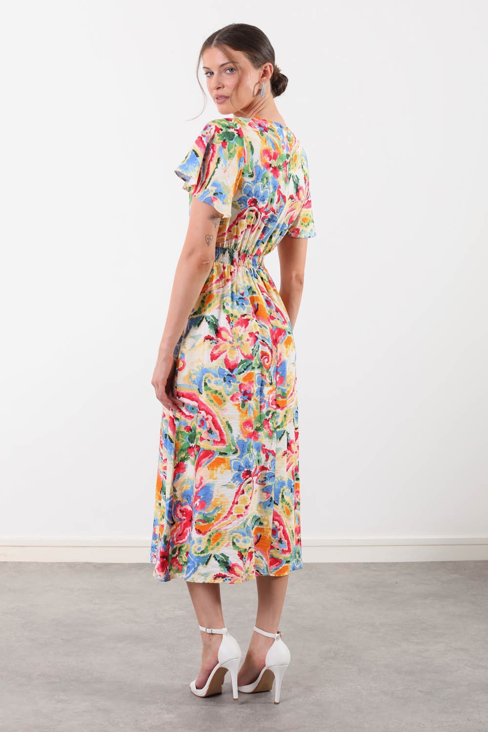 Sia Short Sleeve Print Midi Dress in Blue