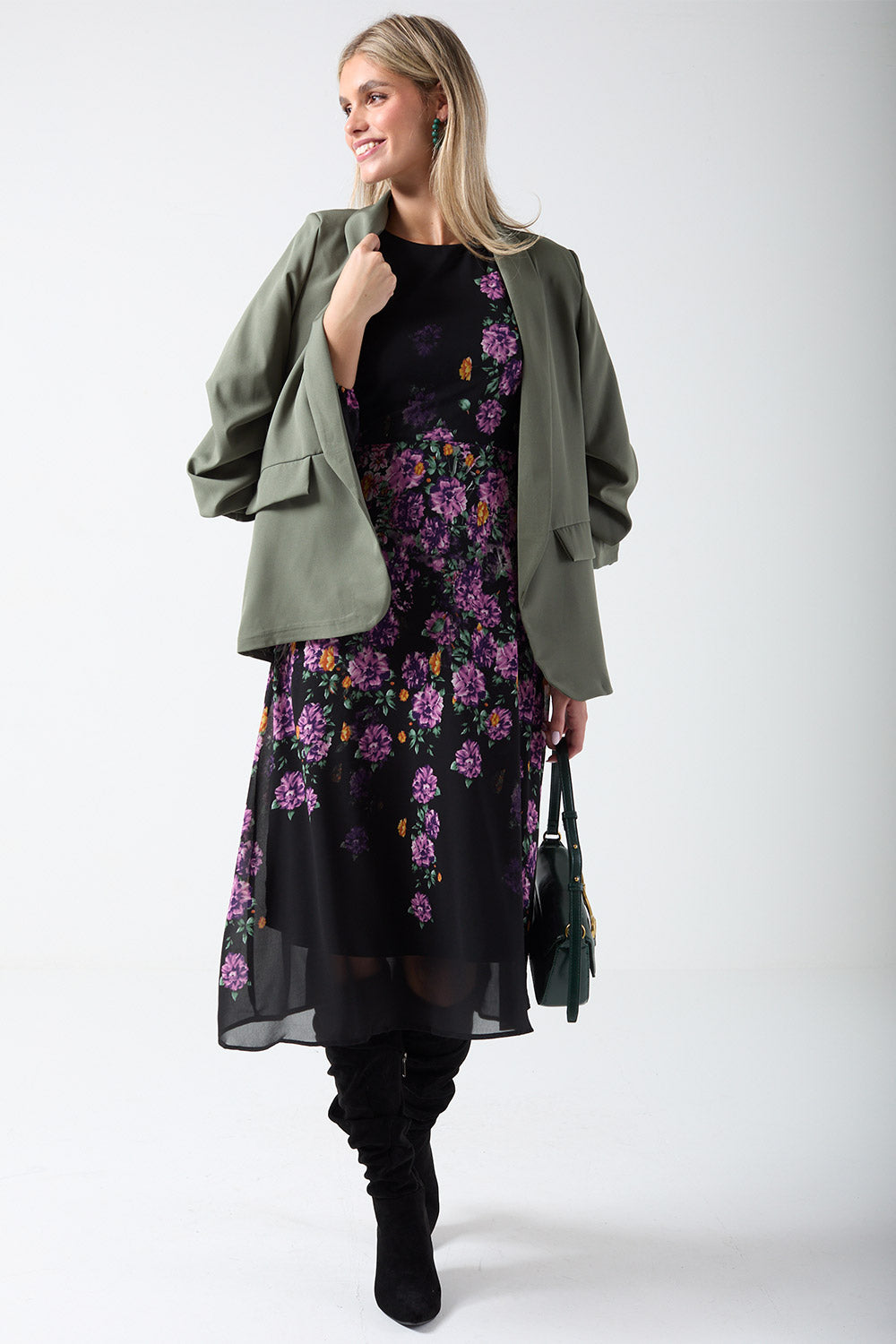 Malliah Floral Long Sleeve Midi Dress in Purple