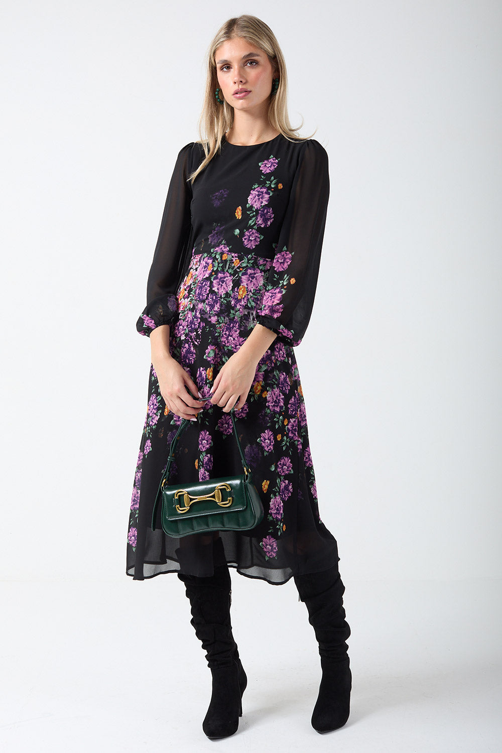 Malliah Floral Long Sleeve Midi Dress in Purple