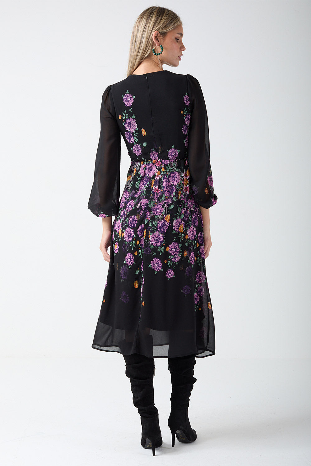 Malliah Floral Long Sleeve Midi Dress in Purple