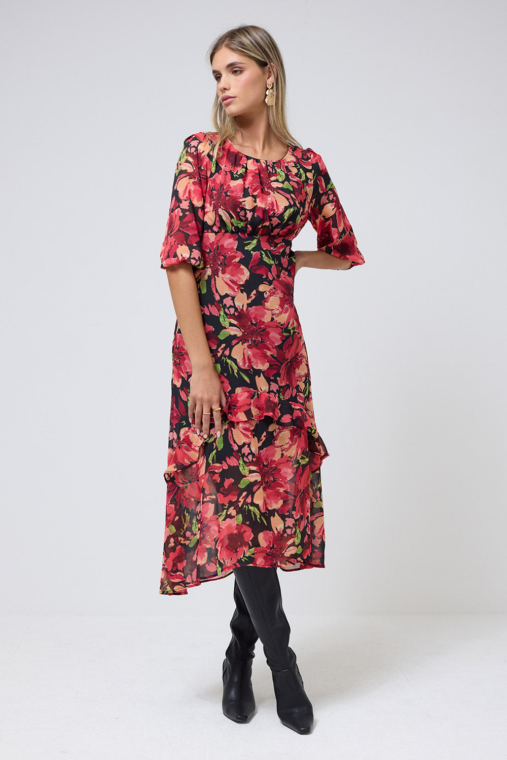 Catherine Red Floral TIered Midi Dress in Black