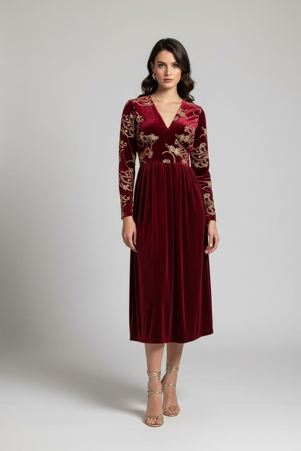 The Alissa Embroidered Velvet Midi Dress In Burgundy