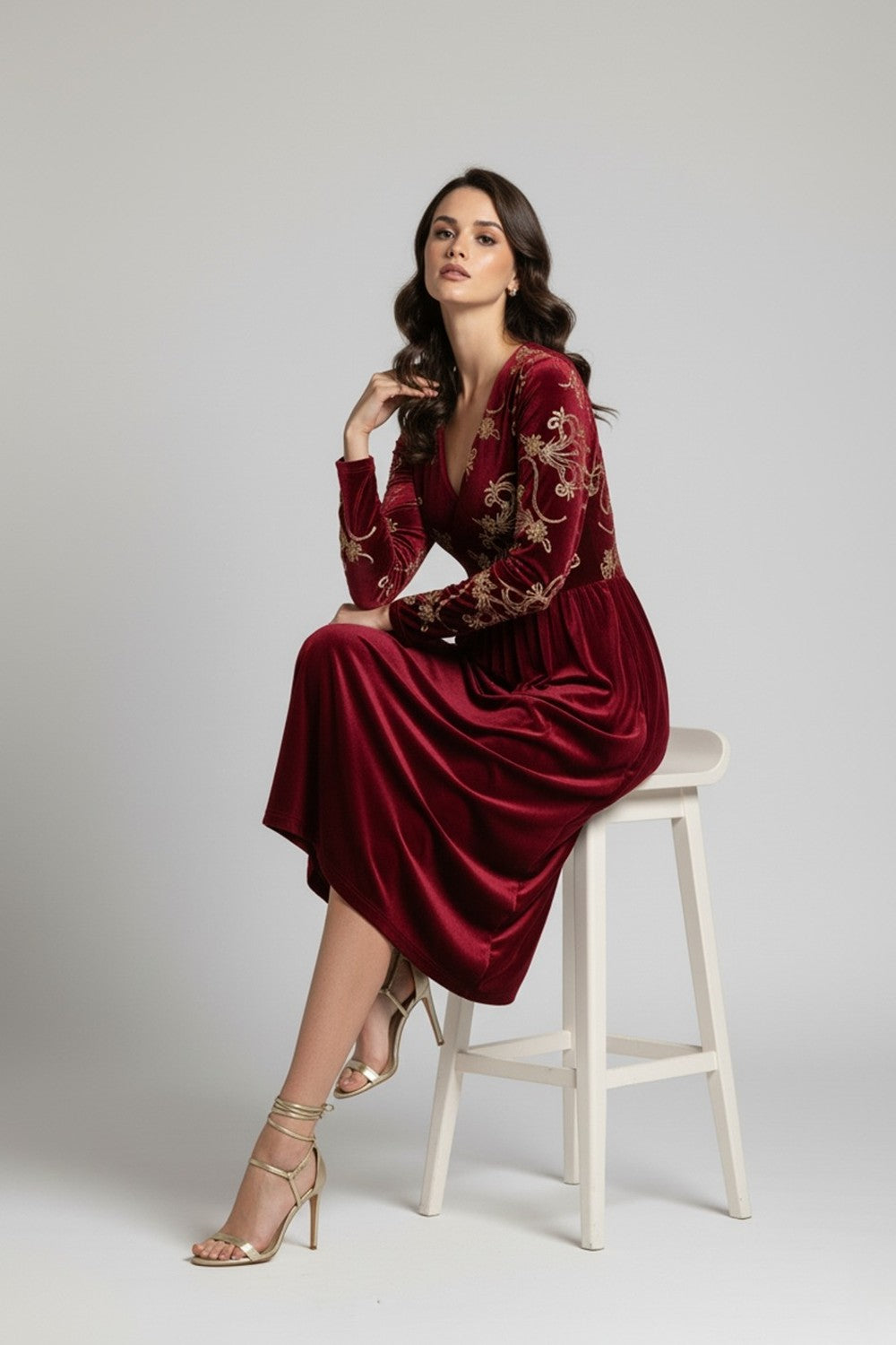 The Alissa Embroidered Velvet Midi Dress In Burgundy