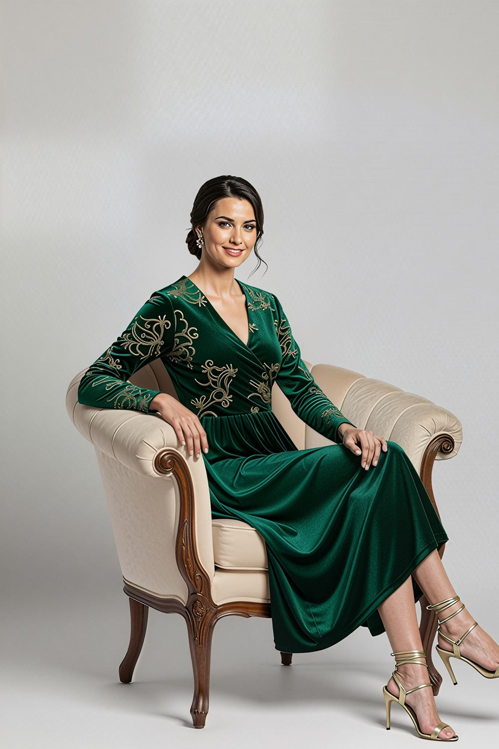 The Alissa Embroidered Velvet Midi Dress In Emerald