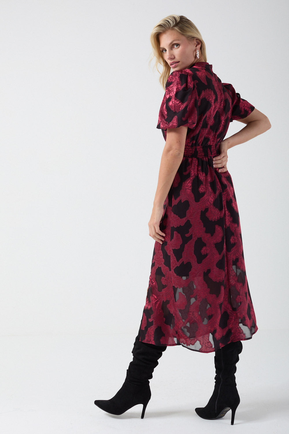 Gina Puff Sleeve Dress in Wine Brocade