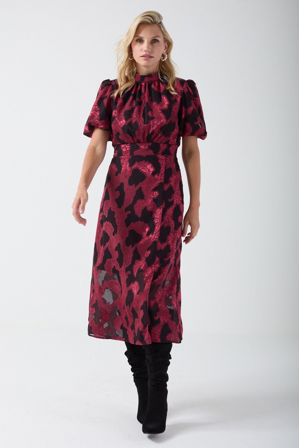Gina Puff Sleeve Dress in Wine Brocade