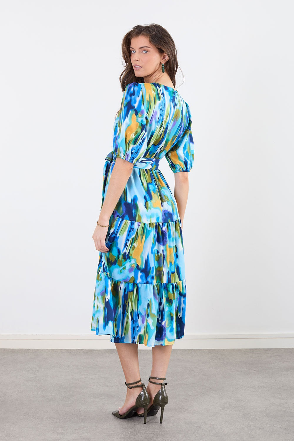 Grace Short Sleeve Smock Midi Dress in Blue Print
