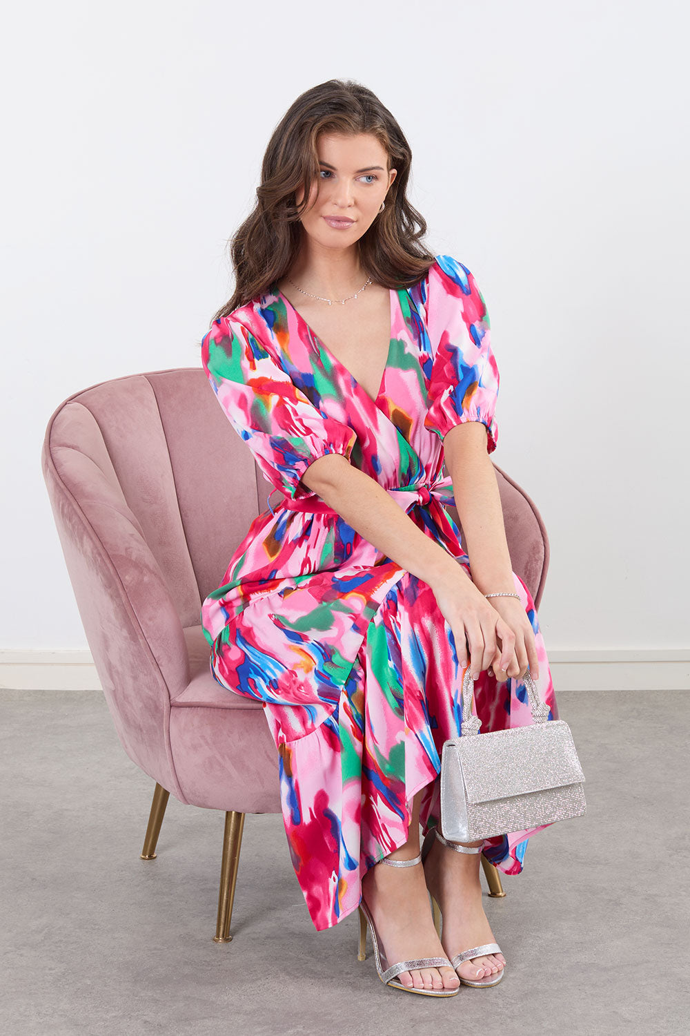 Grace Short Sleeve Smock Midi Dress in Pink Print